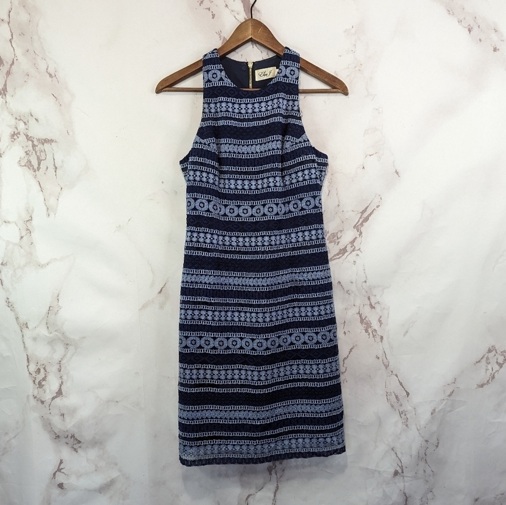 Eliza J Dress Women 0 Blue Tank Raceback Striped Lace Sleeveless Mini Zip A Line